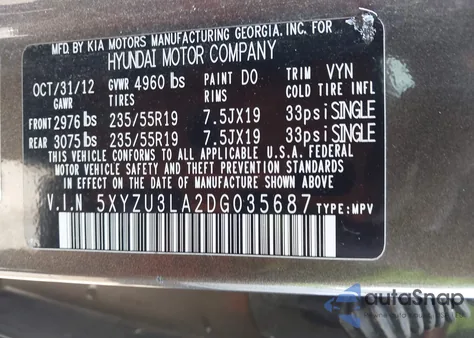 2013 Hyundai Santa Fe Sport 2.0T из США, поврежденный, VIN 5XYZU3LA2DG035687